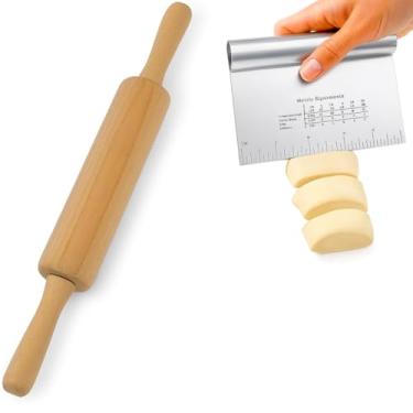 Imagem de kit Rolo de Massa em Madeira 43 cm com Espatula de Corte e Raspadora de Inox com Régua de Medição 12 x15 cm Utensílio de Cozinha para Massas Premium