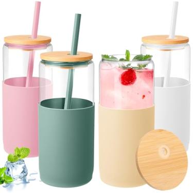 Imagem de FillTouch Pacote com 4 copos de vidro de 590 ml com manga protetora de silicone, copos de café gelados com tampas Garrafa de água de vidro em forma de lata para casa ao ar livre (Cambridge Blue, Amber