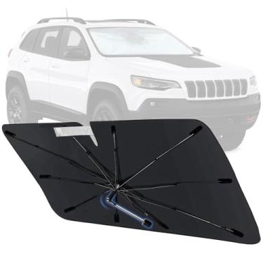 Imagem de Guarda-sol de para-brisa para Jeep Cherokee 2011-2025, para-sol dobrável para janelas dianteiras com eixo rotativo de 360°, protetor de viseira Cherokee de ajuste personalizado para bloqueio de UV e