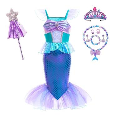 Imagem de e-super Mermaid Princess Dress for Girls Ariel Costume Cosplay Dress Up Flying Sleeve Tutu Dress Slip Dress of Summer (SB64, 6-7T)