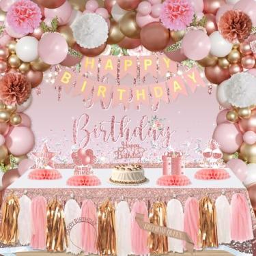 Imagem de syuebt Decorações De Festa Aniversário Em Ouro Rosa Para Mulheres E Meninas, Suprimentos Alegres Com Borlas, Flores, Faixa, Cenário, Centro Mesa, Faixa Coroa, Balões, Kit Arco