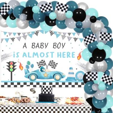 Imagem de JOYMEMO Decoração De Chá Bebê Com Carrinho Corrida Azul - Kit Arco Guirlanda Balões Cenário Menino Quase Chegando, Materiais Vintage Para Festa Recém-Nascidos E Comemoração Gravidez