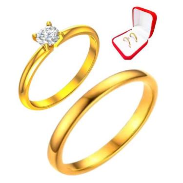 Imagem de Aliança Casamento Ouro 18k 3mm + Anel Solitario Dourado 2mm Tradiciona