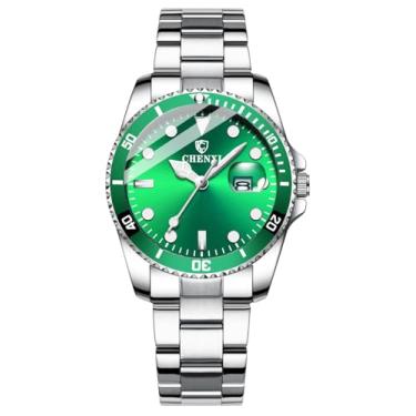 Imagem de Relógio de pulso feminino, clássico, moderno, de aço inoxidável, prata, à prova d'água, luminoso, feminino, vestido feminino, Verde, Relógio social