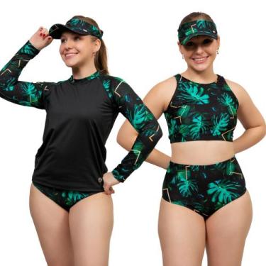 Imagem de Kit Blusa Uv + Top com Bojo + Hot Pant Praia Fitness + Brinde Viseira 