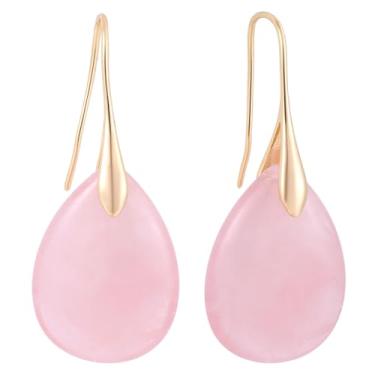 Imagem de Brincos Pendentes com Contas de Ágata, Brincos Anzol em Forma Lágrima de Pedra Natural Alto Luxo Joias Elegantes e Modernas com Pendente para a Orelha para Mulher (Rosa e Dourado)