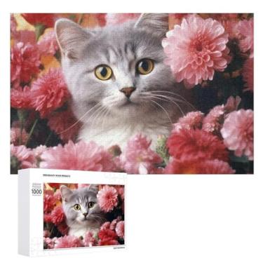 Imagem de Quebra-cabeça 500 peças personalizado gato em flores quebra-cabeça para adultos quebra-cabeça de imagem de madeira quebra-cabeça desafiador com saco de armazenamento quebra-cabeça reunião familiar