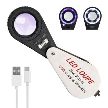Imagem de Landtek Lupa Dobrável 30X Com Luzes Uv E Led, Recarregável De Joalheiro Lente Tripla Óptica 22 Mm Para Joalheiro, Filatelista Selos, Moeda Numismática
