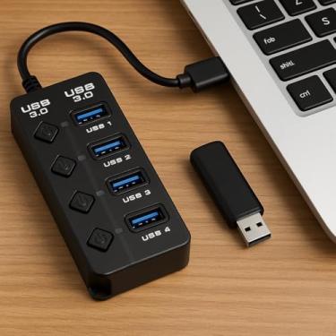 Imagem de Hub USB 3.0 4 Portas Alta Velocidade 5Gbps Multi USB com LED Indicador, Compacto e Portátil, Transferência Rápida de Dados, Compatível c/PC, pen drive, impressora, mouse, teclado, console