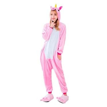 Imagem de Kigurumi Infantil de Unicornio Fantasia Pijama de Inverno Quentinho com Capuz Bordado Rosa pra Meninas (Rosa, P 3-4)