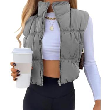 Imagem de Colete Puffer Feminino Cropped Zip Up Inverno Gola Alta Leve Sem Mangas Acolchoado Colete Gilet Com Bolso, Grey, L