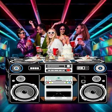 Imagem de Oudain Toalha de mesa temática dos anos 80 anos 90 anos 80 artigos para festa de aniversário hip hop decoração vintage boom box toalha de mesa 182 x 76 cm capa de mesa de rádio retrô tecido lavável