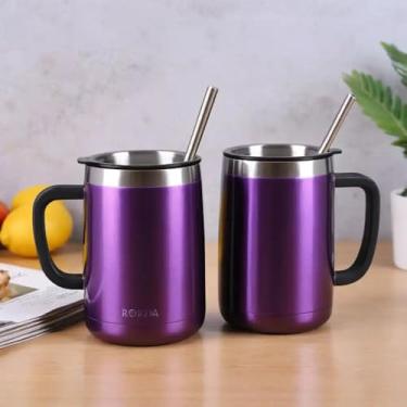 Imagem de Caneca Térmica Parede Dupla em Aço Inox Roxa 800ml com Canudo - Estilo Minimalista