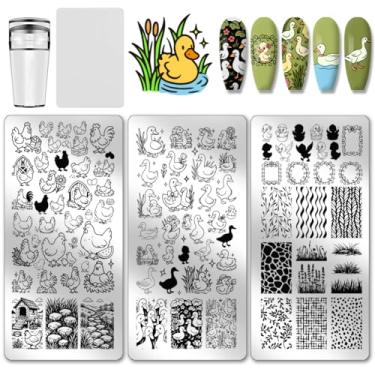 Imagem de PH PandaHall 3 peças de placa de carimbo de unha com tema de fazenda, estampa de galinhas, patos, modelo de arte de aço inoxidável, placa de imagem de unhas de animais de fazenda, estênceis para
