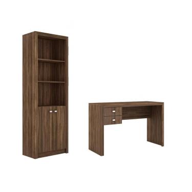 Imagem de Escritório com Mesa para Computador 2 Gavetas Com Armário Pareteleira 2 Portas Nogal - FdECOR