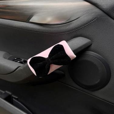 Imagem de MINGZAIQIPEI 2 peças capa de alça de garra de carro de gravata borboleta fofa, luvas macias de pelúcia para carro capa de puxador de porta interna, protetor de alça acessórios interiores automotivos