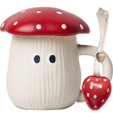 Imagem de Disoza Chávena De Chá Em Cerâmica Com Colher Chá Café Caneca Natal Prenda Aniversário Forma Cogumelo Tampa Café 420ml Cogumelo Para Mulher Namorada