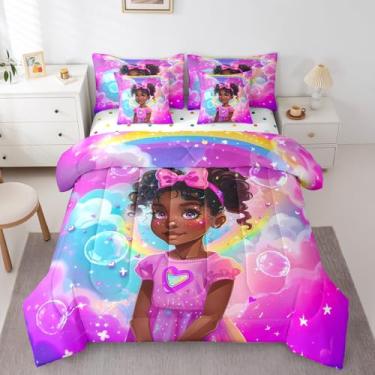 Imagem de Erosebridal Conjunto de edredom fofo para meninas negras, 7 peças, com estampa de arco-íris, estilo princesa, rosa, laço rosa