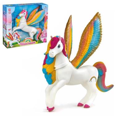 Imagem de Boneco Unicórnio Com Asas Coloridas Unidream Em Vinil Infantil Mágico 