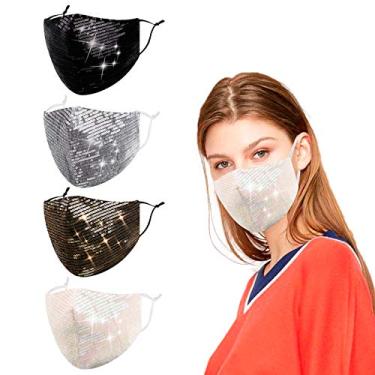 Imagem de Máscara de lantejoula reutilizável feminina, adulto, brilhante, brilhante, lavável, moderna, bonita, respirável, ajustável, brilhante, brilhante, elegante, decorativa, preto, branco, dourado, prata, presente para mulheres