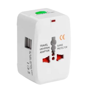 Imagem de Adaptador Universal de Tomada com Protetor contra Surtos, Plugues Retráteis, 2 USB, Bivolt 100-240V, Branco