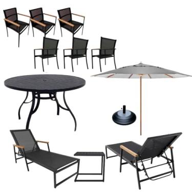 Imagem de Kit Amélia Completo Mesa 1,40m Ripada Alumínio + Cadeiras e Espreguiçadeiras Piscina (Cinza)