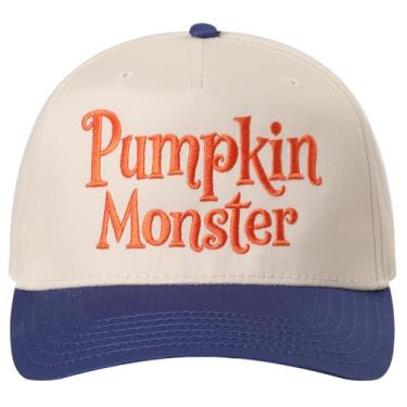 Imagem de MIRMARU Boné de caminhoneiro bordado de Halloween com 5 painéis, dois tons, ajustável, boné de beisebol para homens e mulheres (monstro de abóbora, RYL/NATL)
