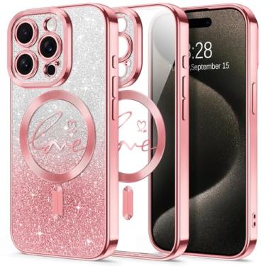 Imagem de Hython Capa com glitter para iPhone 15 Pro Max, compatível com MagSafe Love Heart Magnetic Clear Phone Cases para mulheres e meninas, proteção total da câmera, revestimento brilhante à prova de choque