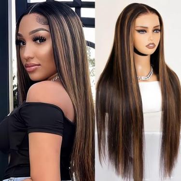 Imagem de IFTIME Peruca frontal ombré 1B/30 Highlight cabelo humano liso 13x4 HD peruca frontal de renda transparente 55 cm 180% densidade pré-arrancada com cabelo de bebê perucas sem cola para mulheres
