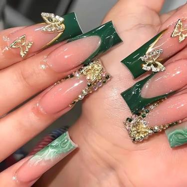 Imagem de RUOKEXIN Unhas postiças quadradas longas verdes com ponta francesa, unhas postiças com glitter dourado com desenhos de borboletas 3D douradas, cola quadrada longa nas unhas, unhas artificiais