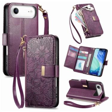 Imagem de TopFunny Capas para iPhone Plus Capa tipo carteira de flores para mulheres com porta-cartões retrô em relevo folha PU couro PU capa flip com alça removível para Apple iPhone Plus 16.8 cm roxo