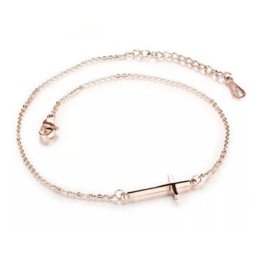 Imagem de Tornozeleira Feminina Cruz Crucifixo Banho Ouro Rosê 18k - Euro Import