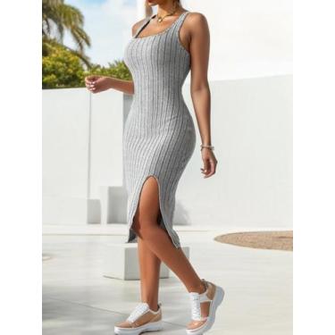 Imagem de Vestido Sexy com Decote Quadrado e Saia Lateral - Verão, BR-M, Cinza