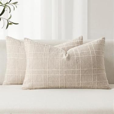 Imagem de MIULEE Capas de almofada decorativas de linho xadrez Lumar Neutro Farmhouse Vintage 30,5 x 50,8 cm Conjunto de 2 boho decoração de casa moderna para sofá sofá quarto almofada cadeira bege natural