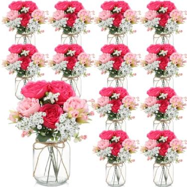 Imagem de Zeyune 12 conjuntos de decorações de mesa de centro de mesa de pote de pedreiro, buquês de flores artificiais de peônia para bebê, flores falsas com vaso, decoração rústica de casa de fazenda para