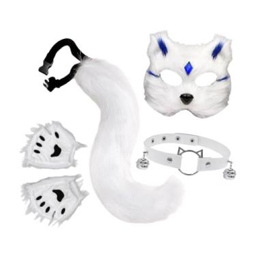 Imagem de Colaxi Conjunto de máscara e cauda de gato e, luvas de pelúcia sem dedos para shows de fantasia, Branco Azul