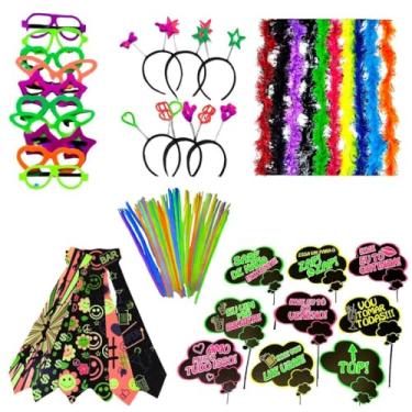 Imagem de Kit Festa Neon 150 Peças, Pulseiras, Óculos, Tiaras, Gravatas, Plaquinhas, Marabus, Acessórios para Balada