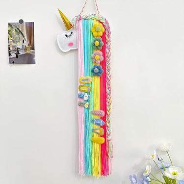 Imagem de Suporte de laço de cabelo de unicórnio, pendurar na parede de fio arco-íris, organizador decorativo de grampo de cabelo com design trançado, exibição de armazenamento de feltro para quarto de meninas