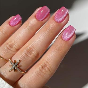 Imagem de SXVME 30 peças de unhas quadradas curtas com glitter – unhas postiças curtas de acrílico, cola de gel macio nas unhas com acabamento esmaltado, cola brilhante Fushia Stick na unha para férias