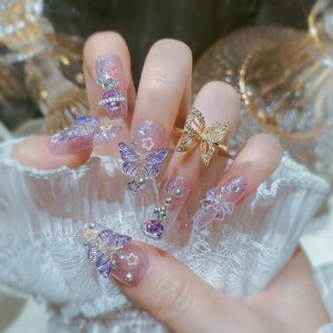 Imagem de RTKHFZE Unhas postiças longas quadradas, unhas postiças com glitter, cobertura total, com berloque, borboletas e strass, unhas de acrílico para manicure