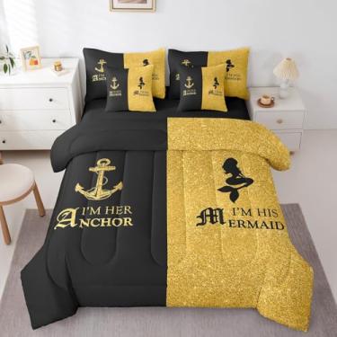 Imagem de Feelyou Conjunto de cama queen com estampa de glitter dourado, para casal e para casais, conjunto de cama para ele e ela, para amantes de cama king e queen, inclui edredom, conjunto de lençóis,