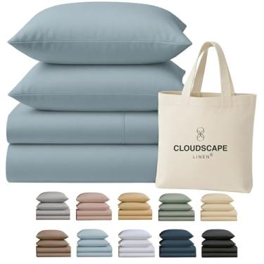 Imagem de Conjunto de lençóis Cloud Scape Linen 100% algodão egípcio 4 peças California King, 400 fios, qualidade hoteleira, sedoso, macio, respirável, durável, bolsos profundos até 17, azul francês