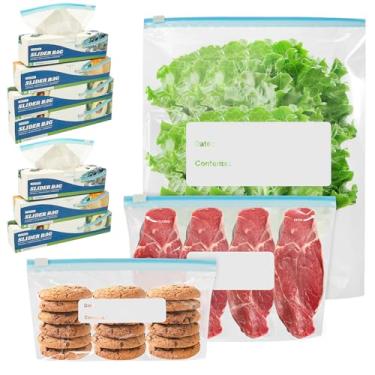 Imagem de 100 sacos para freezer, sacos com zíper, sacos ziplock reutilizáveis, sacos de armazenamento de alimentos com vedação inferior expansível bolsa de congelador de vegetais para frutas, vegetais e carne