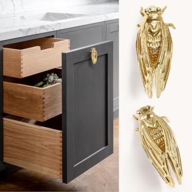 Imagem de DJAPWPX Conjunto de 2 puxadores de gaveta de latão puxadores de armário de móveis dourados com parafusos decorativos em forma de cigarra puxador de gaveta puxador de cômoda para armários gaveta porta