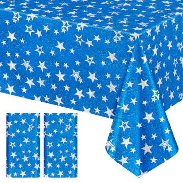 Imagem de Pacote com 2 toalhas de mesa de plástico com glitter Blue Star, 102 x 178 cm, toalha de mesa descartável com estampa brilhante e estrela, toalha de mesa grossa à prova d'água para aniversário, chá de