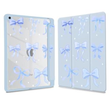 Imagem de Joyland Blue Bow Capa para iPad 7ª/8ª/9ª geração (2019/2020/2021) 10,2 polegadas, suporte de lápis embutido com capa à prova de choque, capa traseira transparente transparente, despertar/hibernar