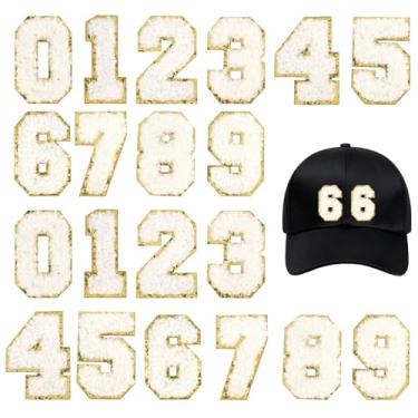 Imagem de 20un. Patches de Números Chenille, Dourados e Brancos 0-9 Autoadesivos Bordados em Chenille para Roupas de Time Futebol