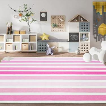 Imagem de Lacomfy Tapete rosa infantil fofo listrado colorido para quarto de meninas e meninos 1,2 x 1,8 m lavável tapete macio para crianças brincadeira para sala de estar, sala de jantar, berçário, rosa