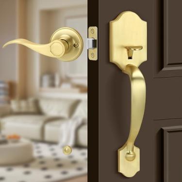 Imagem de Gaurqiah Conjunto de maçaneta de porta dianteira dourada com alavanca de passagem, fechadura não incluída, maçaneta externa para cilindro único ou fechadura inteligente, latão acetinado