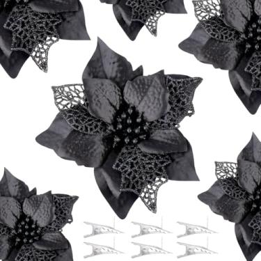 Imagem de CREATCABIN 24 peças de flores de poinsétia com purpurina artificial de Natal Poinsétia com purpurina, enfeites de Natal, decorações de Natal faça você mesmo, guirlanda com clipes para casamento, festa